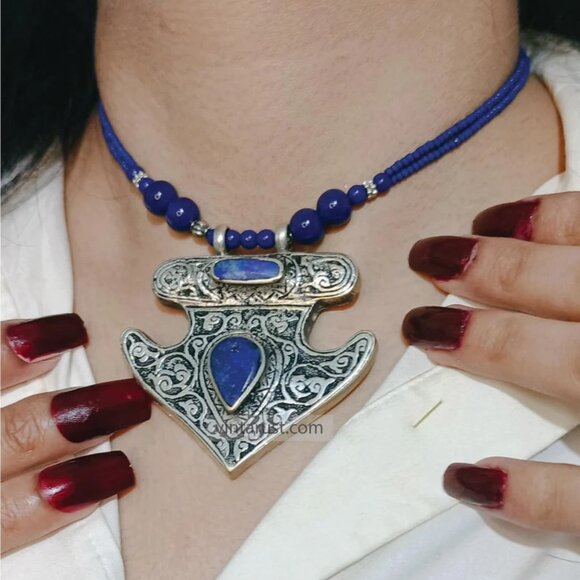 Handmade Lapis Lazuli Necklace, Tribal Beaded Chain Pendant Necklace, Gemstone - Picture 2 of 15